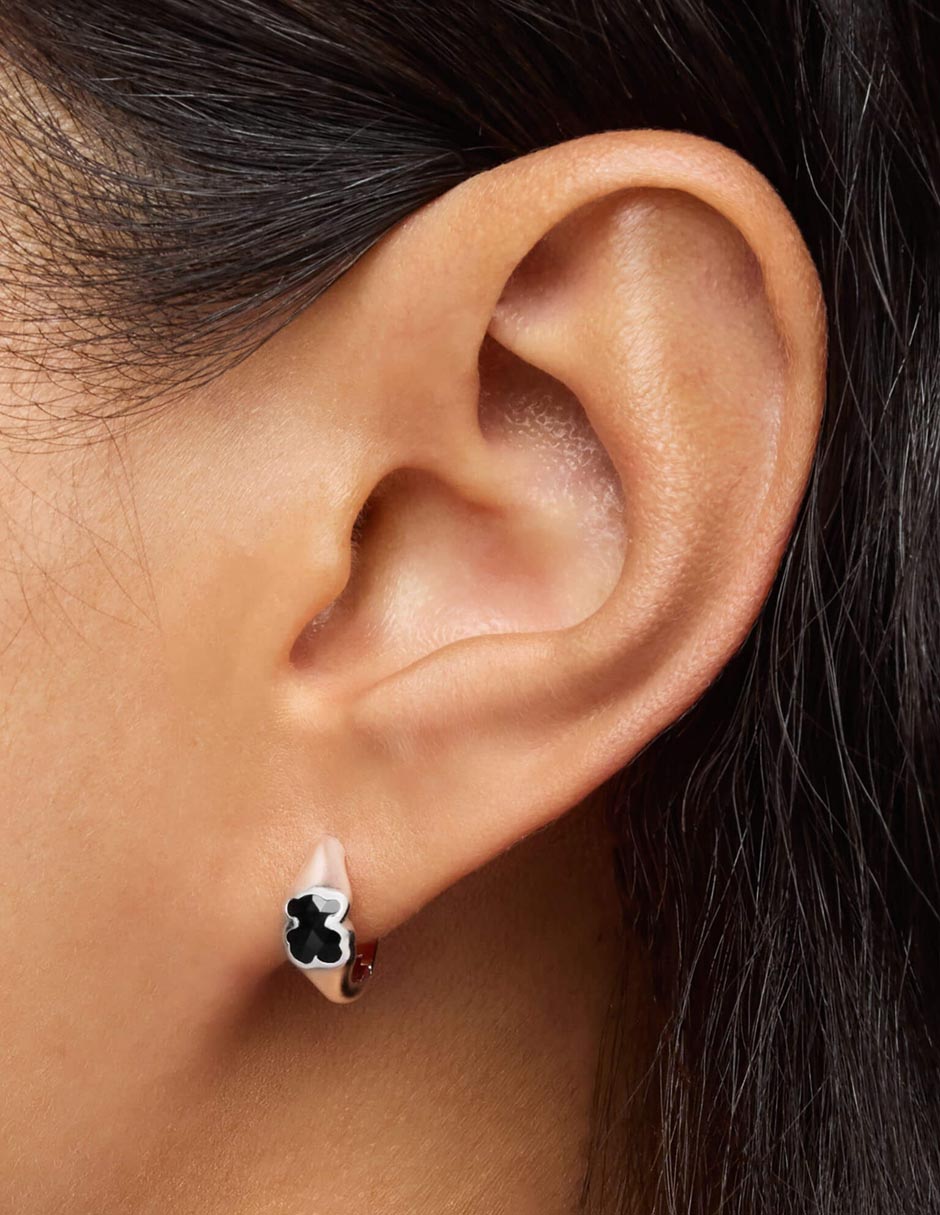 Aretes de aro de oso Tous de plata P 925 con acabado brillante ónix