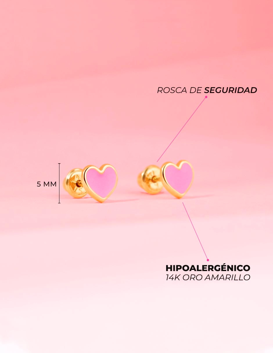 Broqueles de corazón de oro amarillo 14 K con acabado esmaltado 5