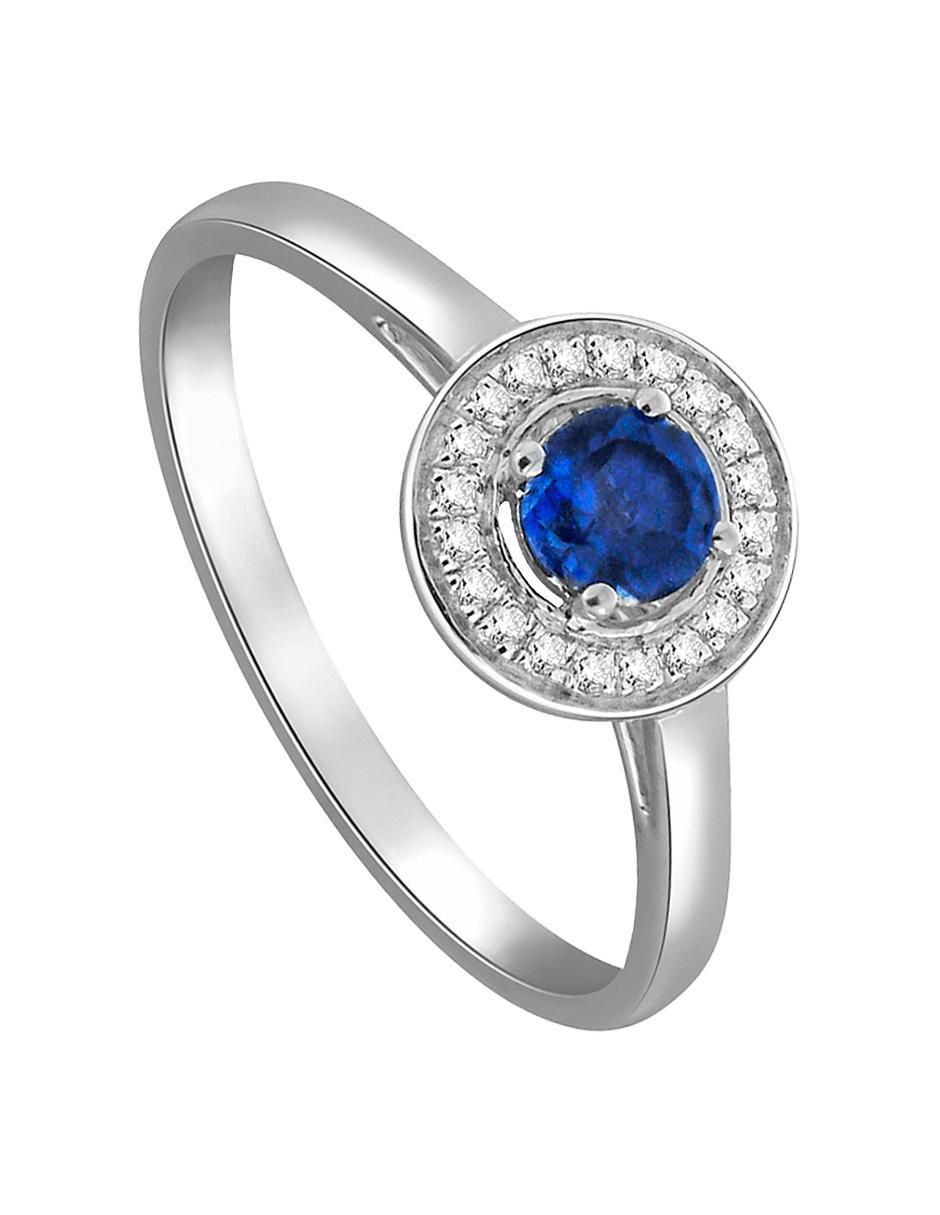 Anillo redondo Clara 14 k de oro blanco zafiro y diamante brillante 4
