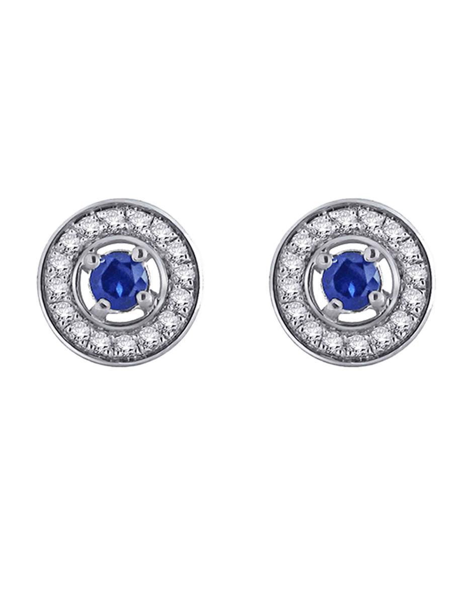 Aretes redondos de oro blanco 14 K con acabado pavé zafiro y diamante