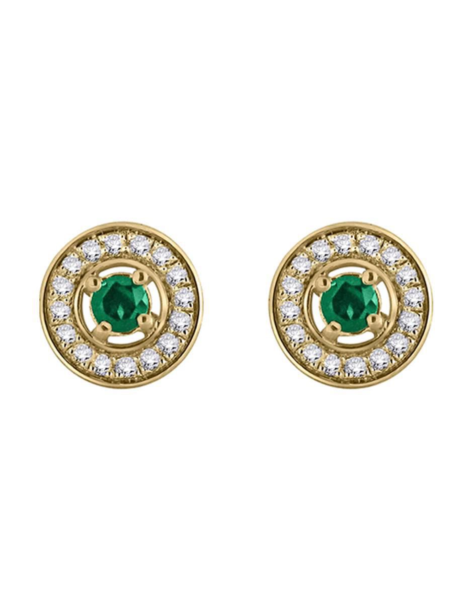 Aretes redondos de oro amarillo 14 K con acabado pavé esmeralda y diamante