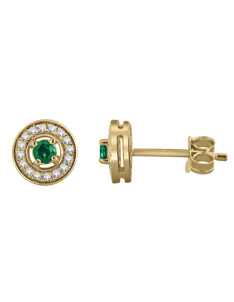 Aretes redondos de oro amarillo 14 K con acabado pavé esmeralda y diamante 2