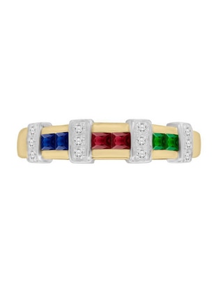 Anillo redondo Luisiana 14 k de oro esmeralda, zafiro y rubí brillante Anillo redondo Luisiana 14 k de oro esmeralda, zafiro y rubí brillante