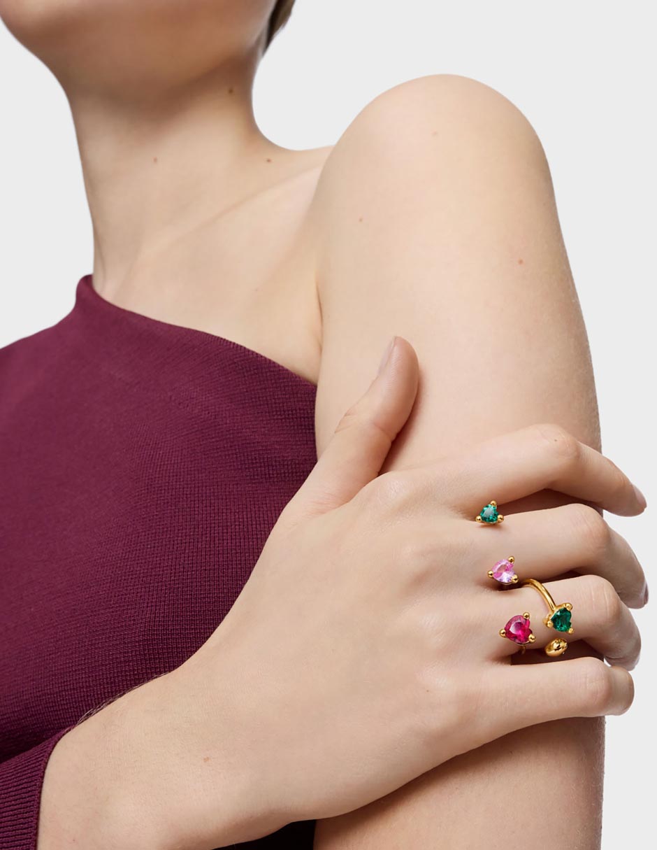 Anillo de corazón Garden Of Love Lgg de plata P 925 esmeralda, zafiro y rubí con acabado baño de oro