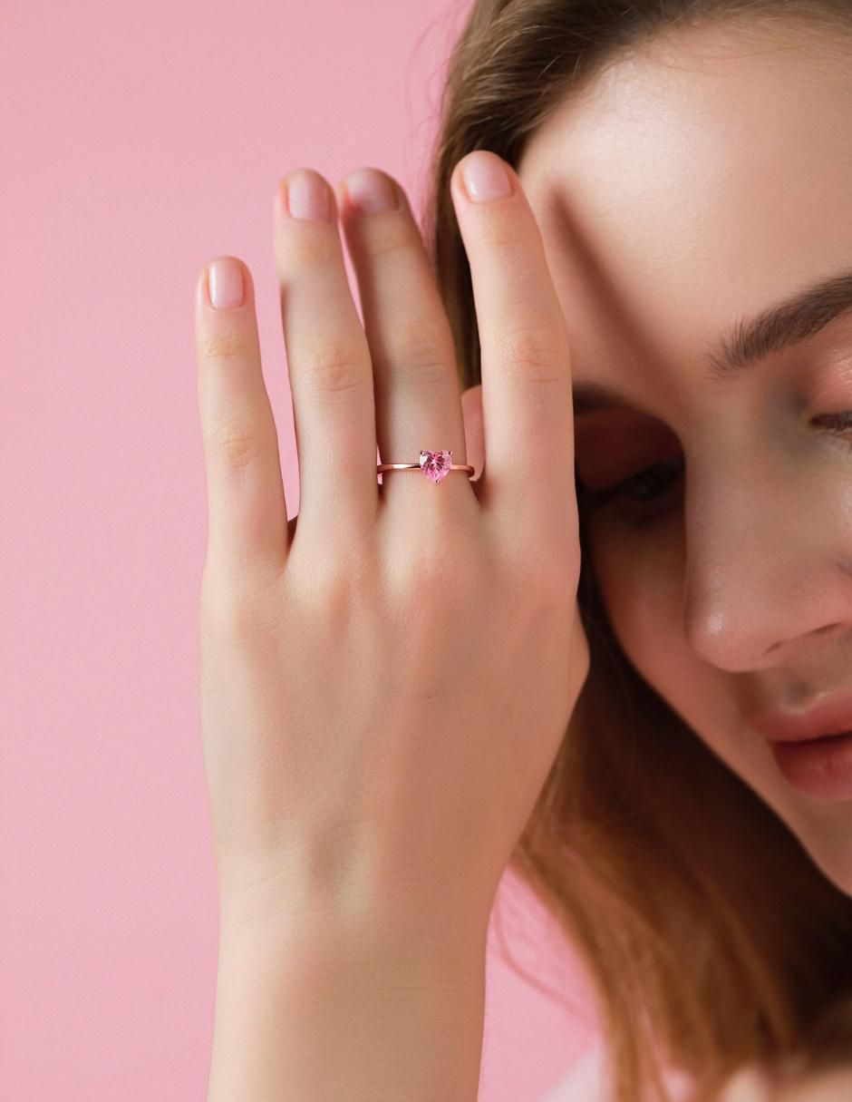 Anillo de corazón de plata vermeil P 925 zirconia cúbica con acabado baño de oro rosa 10