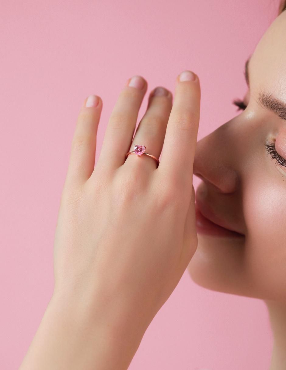Anillo de corazón de plata vermeil P 925 zirconia cúbica con acabado baño de oro rosa 9