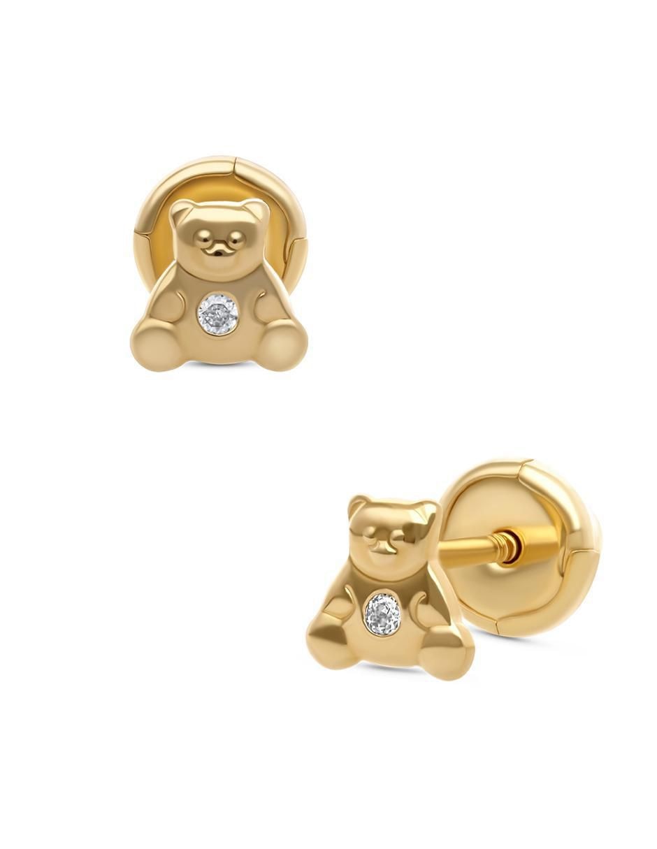 Broqueles de oso de oro 14 K con acabado liso diamante 2
