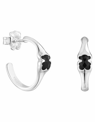 Aretes de aro de plata P 925 con acabado brillante ónix