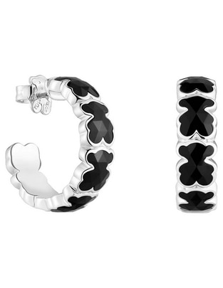 Aretes de aro de plata P 925 con acabado brillante ónix