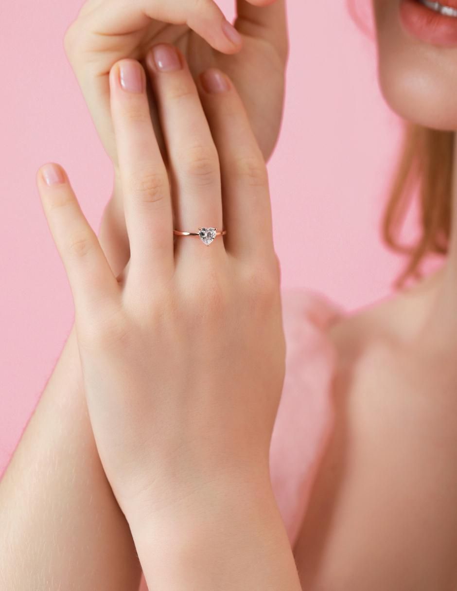Anillo de corazón de plata vermeil P 925 zirconia cúbica con acabado baño de oro rosa 12