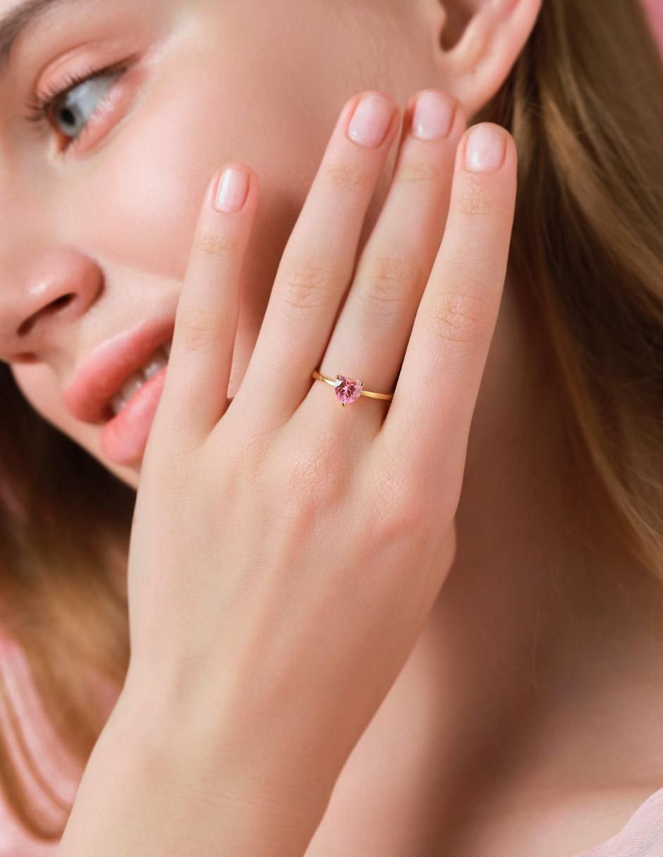 Anillo de corazón de plata vermeil P 925 zirconia cúbica con acabado baño de oro 12