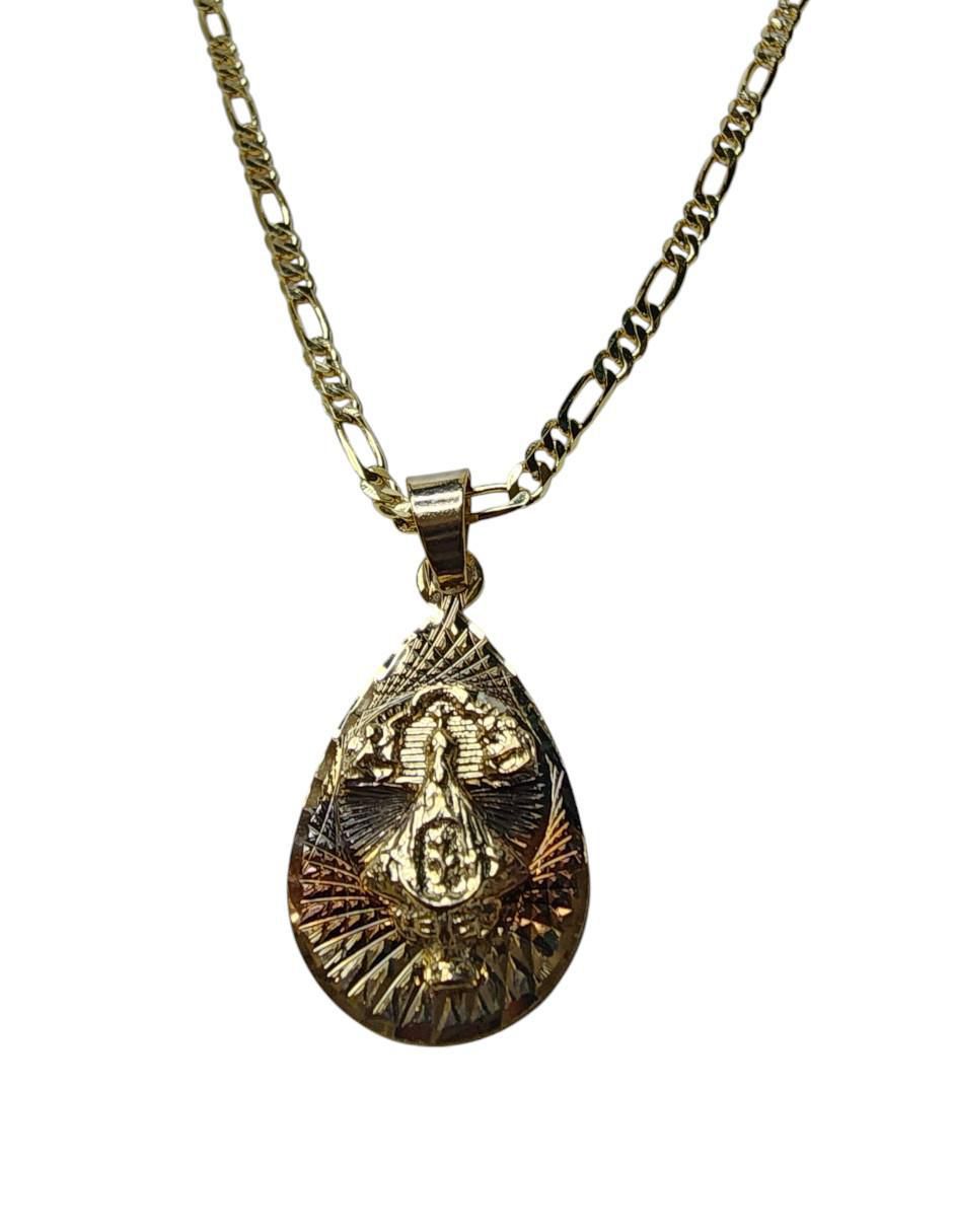 Medalla y cadena gota Virgen San Juan De Los Lagos de oro laminado 14 K 3