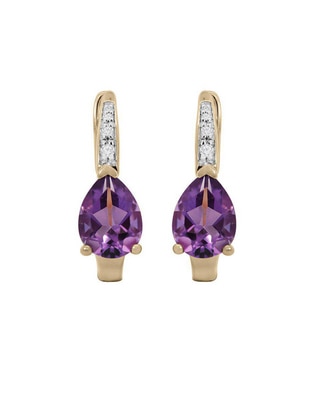Aretes de gota de oro 14 K con acabado espejo amatista y diamante