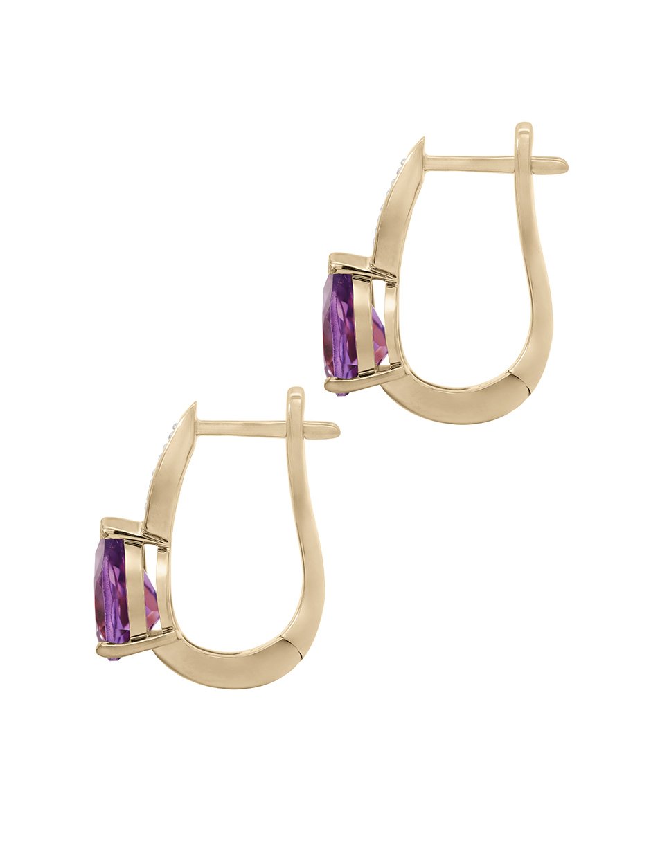 Aretes de gota de oro 14 K con acabado espejo amatista y diamante 2
