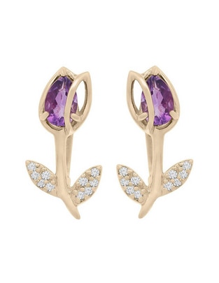 Aretes de flor de oro 14 K con acabado espejo amatista y diamante Aretes de flor de oro 14 K con acabado espejo amatista y diamante