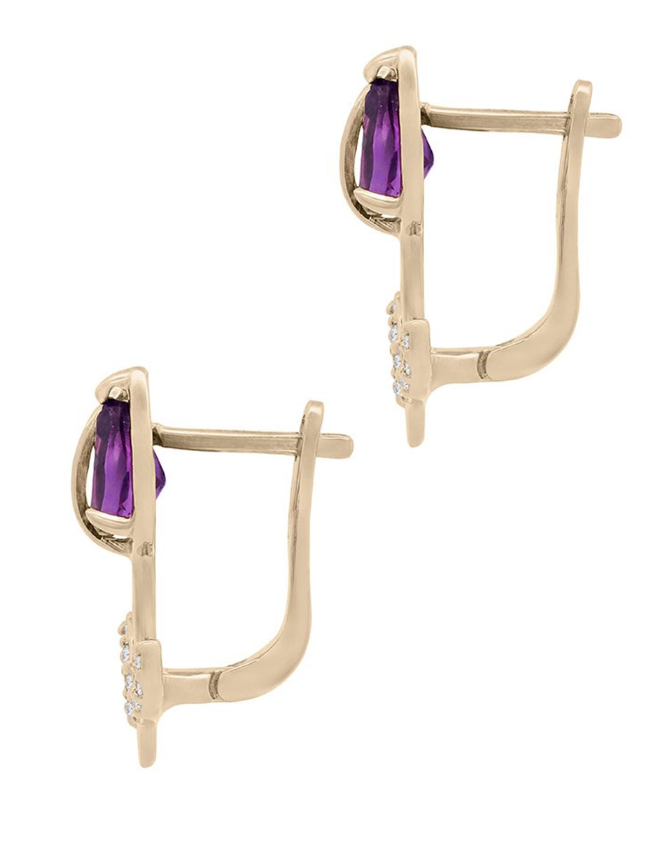 Aretes de flor de oro 14 K con acabado espejo amatista y diamante 2