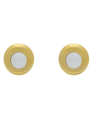 Broqueles redondos de oro amarillo 14 K con acabado brillante madre perla Broqueles redondos de oro amarillo 14 K con acabado brillante madre perla
