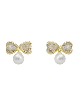 Broqueles de corazón de oro 14 K con acabado lustre perla con zirconia