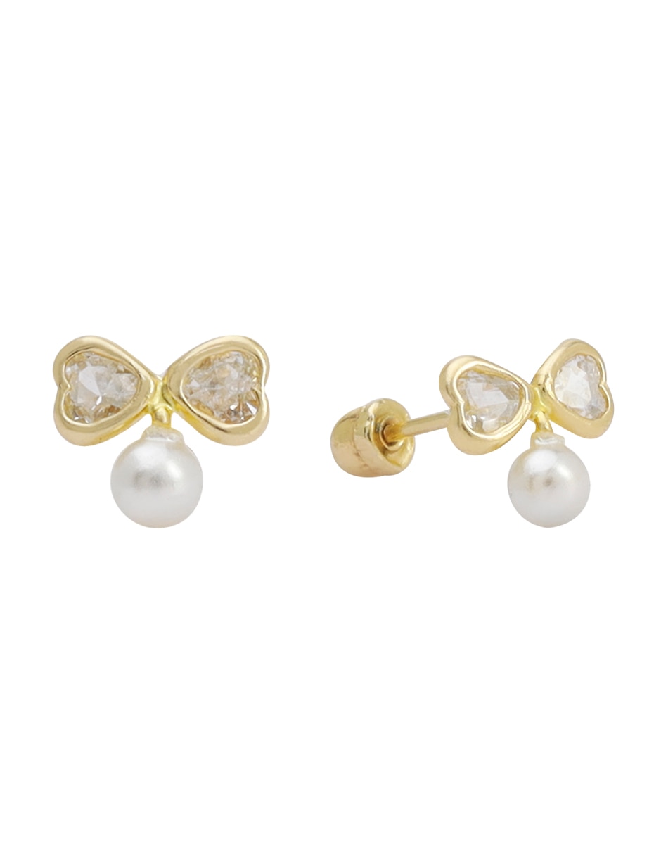 Broqueles de corazón de oro 14 K con acabado lustre perla con zirconia 2