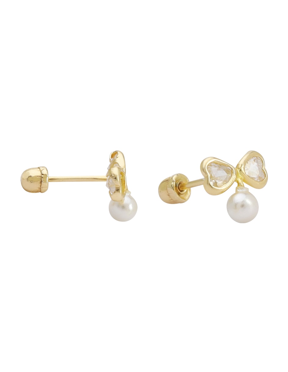 Broqueles de corazón de oro 14 K con acabado lustre perla con zirconia 3