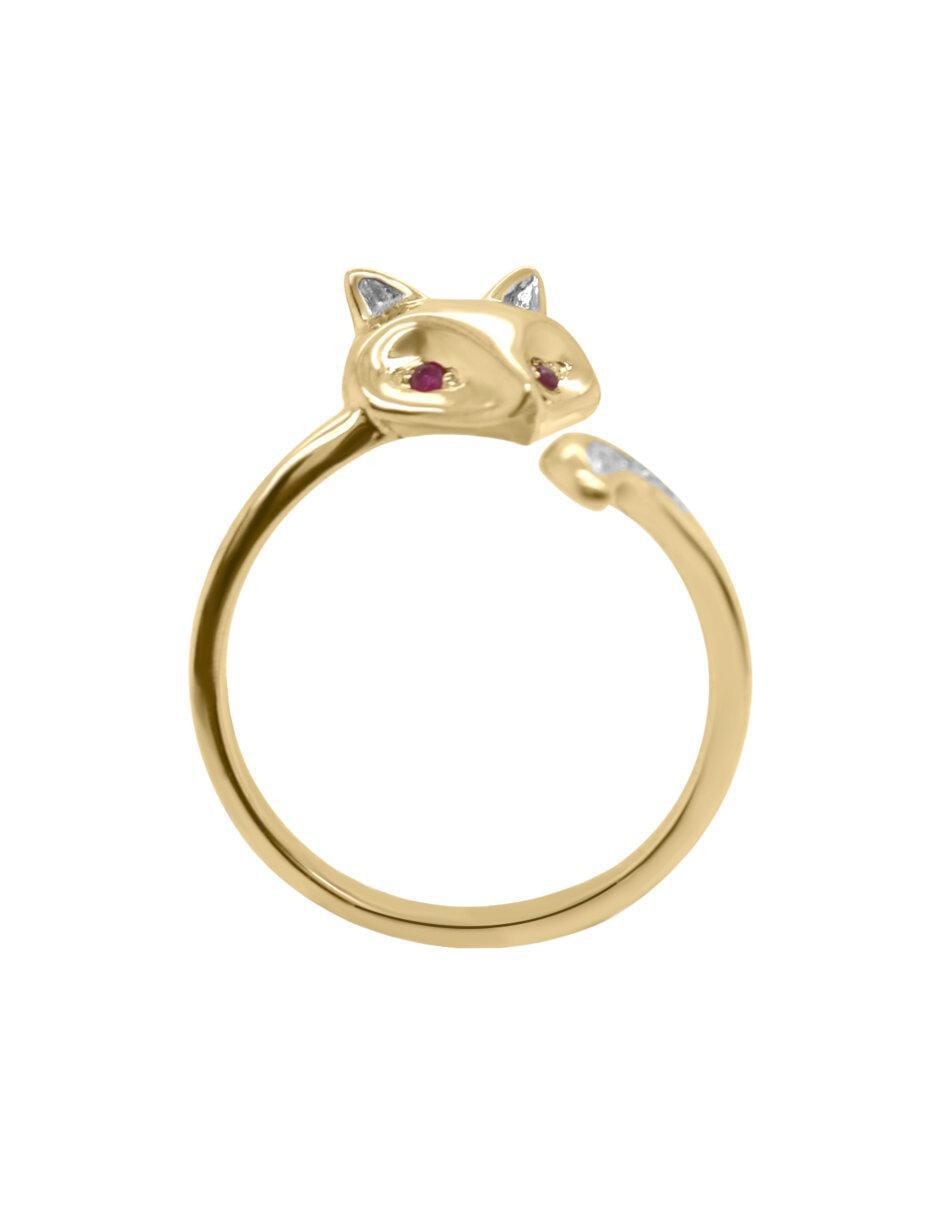 Anillo de zorro Fox 14 k de oro rubí y diamante brillante