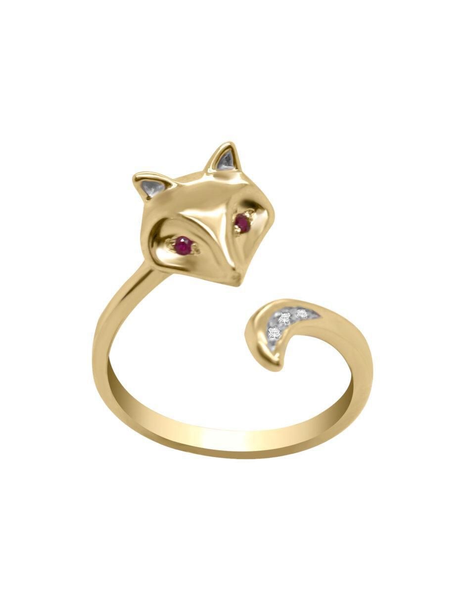 Anillo de zorro Fox 14 k de oro rubí y diamante brillante
