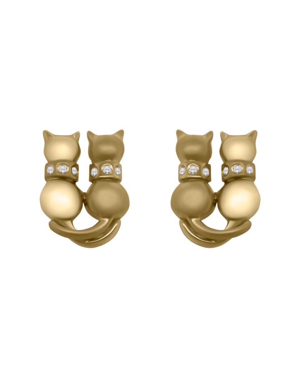 Aretes de gato de oro 14 K con acabado brillante diamante