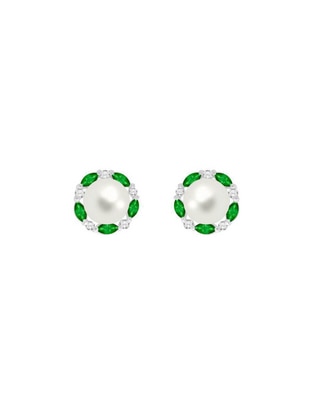 Aretes redondos de oro blanco 14 K con acabado brillante perla y esmeralda
