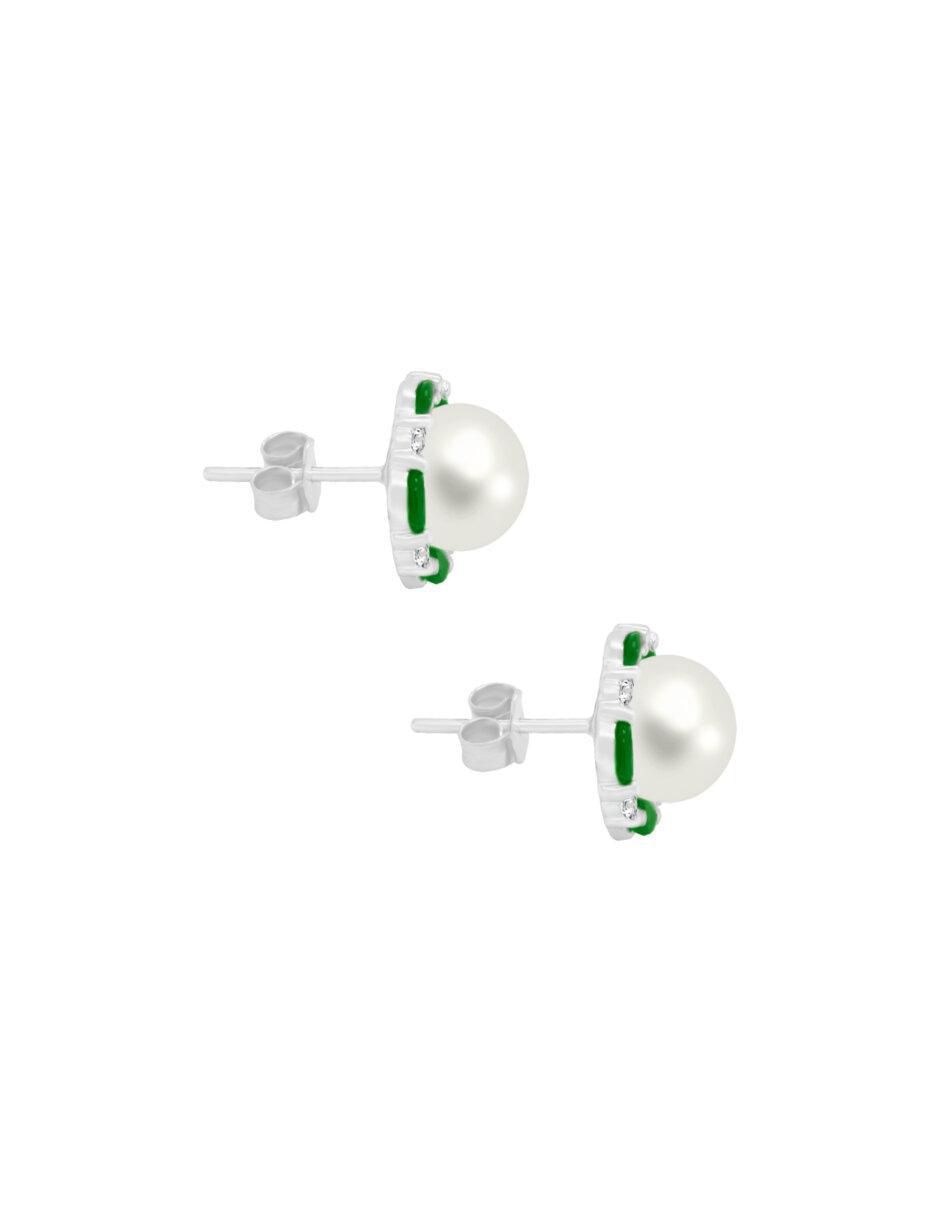 Aretes redondos de oro blanco 14 K con acabado brillante perla y esmeralda 2