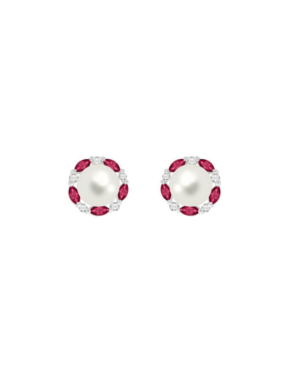 Aretes redondos de oro blanco 14 K con acabado brillante rubí y diamante