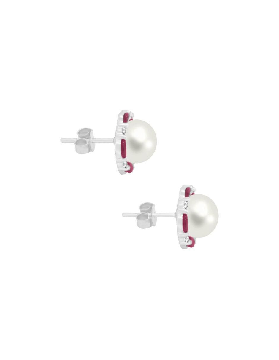 Aretes redondos de oro blanco 14 K con acabado brillante rubí y diamante 2