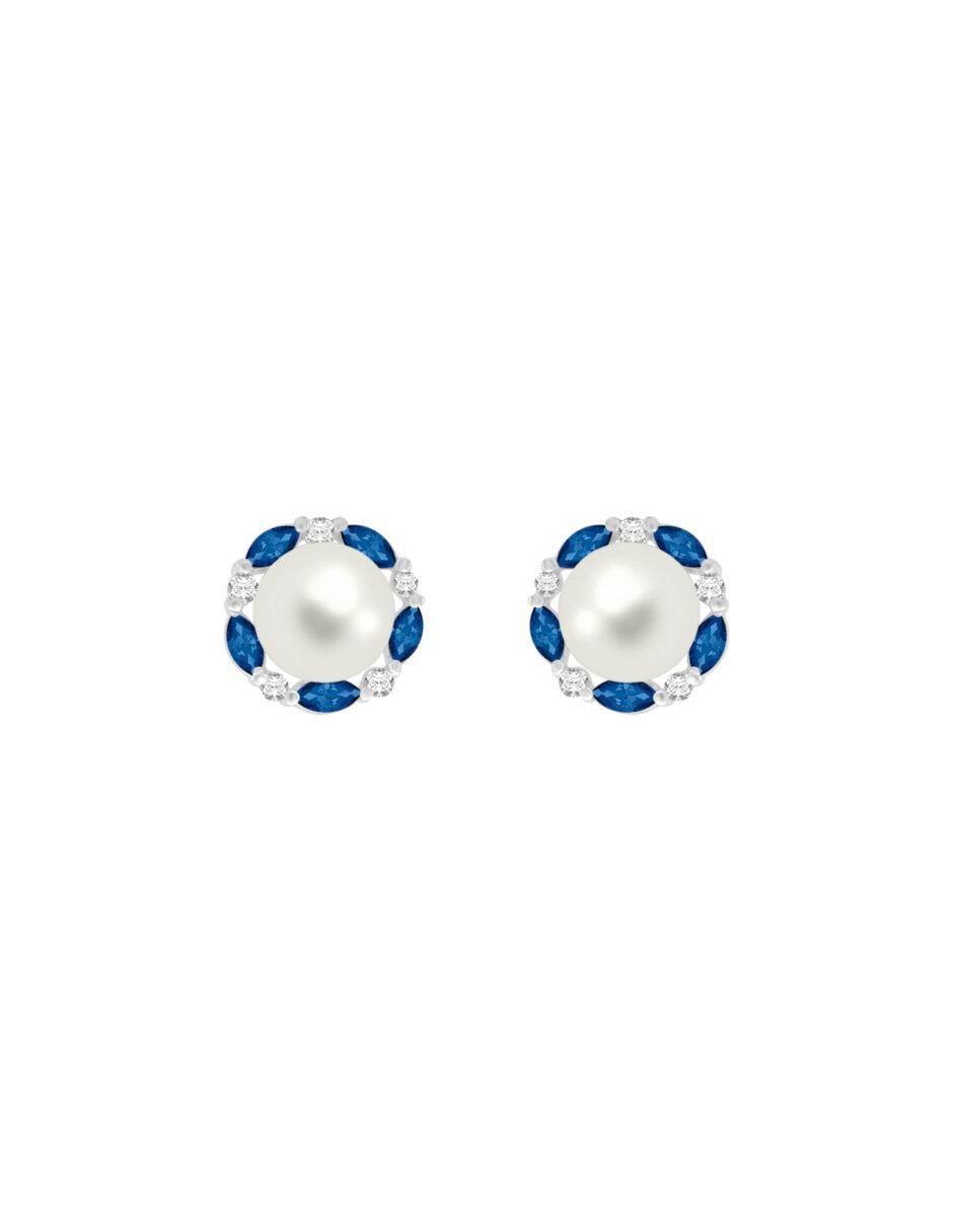Aretes redondos de oro blanco 14 K con acabado brillante zafiro y diamante Aretes redondos de oro blanco 14 K con acabado brillante zafiro y diamante