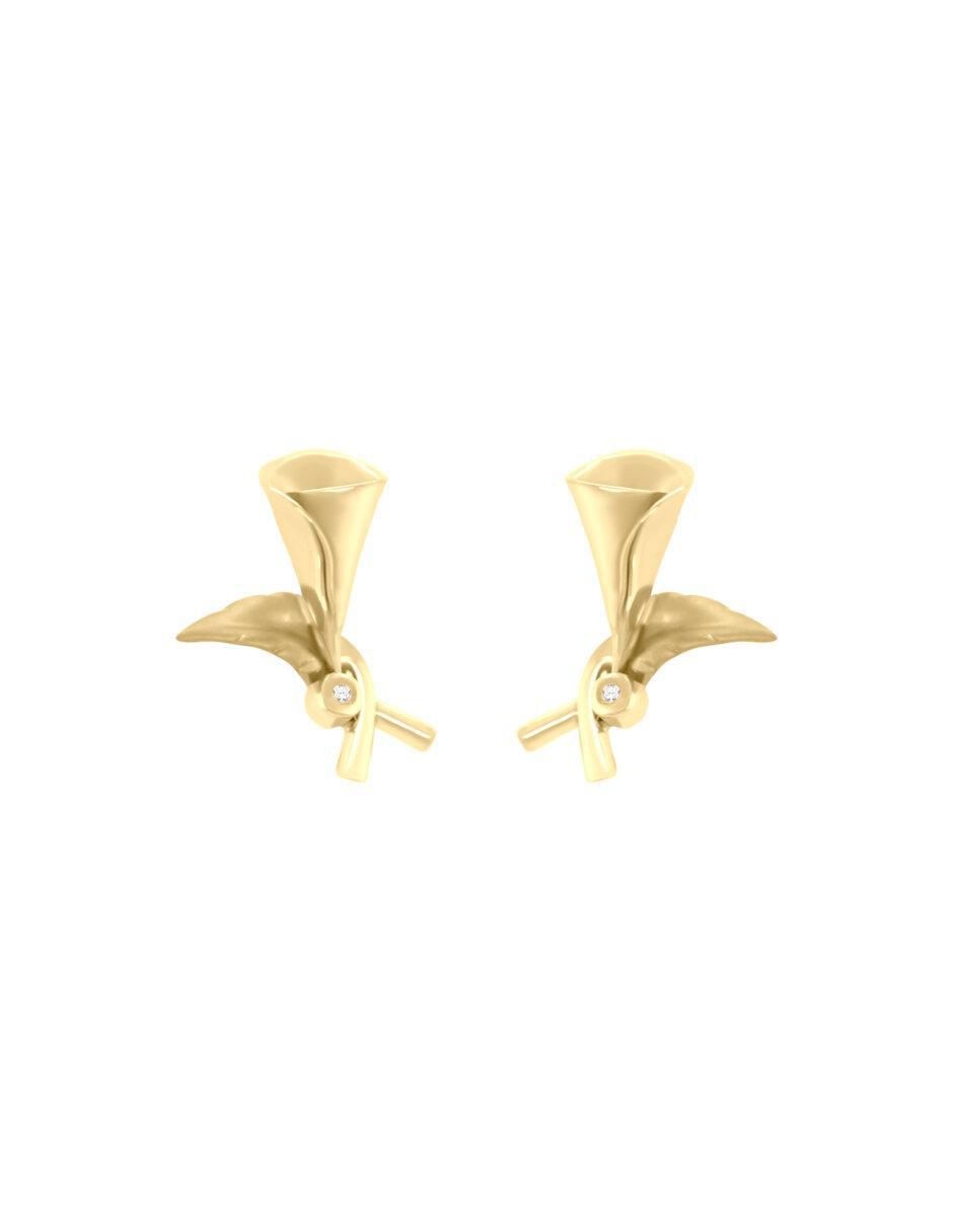 Aretes de flor de oro 14 K con acabado brillante diamante Aretes de flor de oro 14 K con acabado brillante diamante