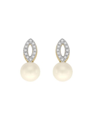 Aretes ovalados de oro 14 K con acabado brillante perla y diamante Aretes ovalados de oro 14 K con acabado brillante perla y diamante