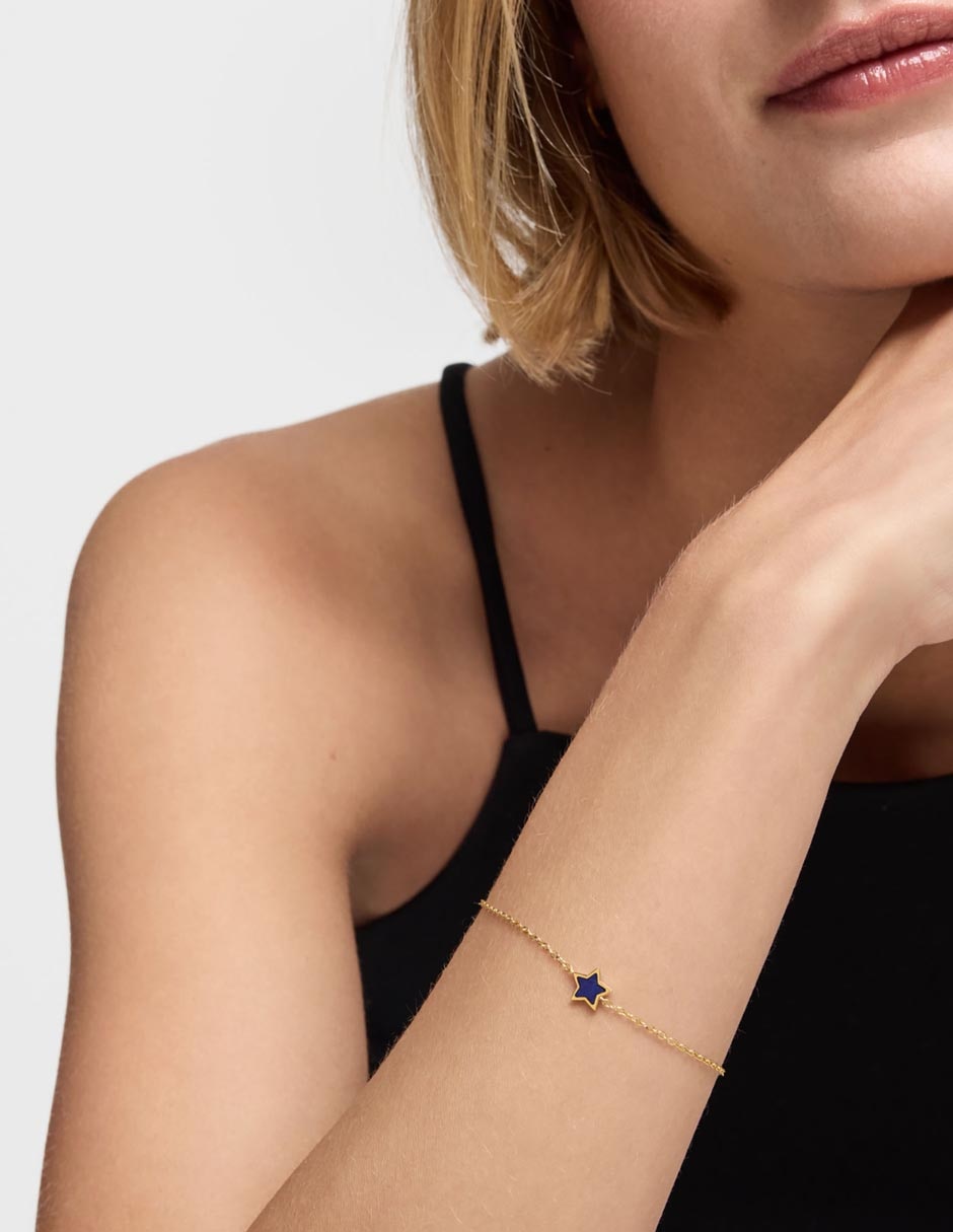 Pulsera de oro amarillo con lapislázuli 14 K acabado liso 4