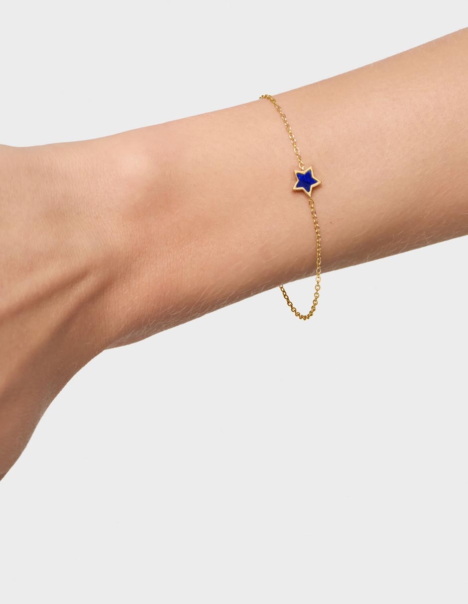 Pulsera de oro amarillo con lapislázuli 14 K acabado liso 6