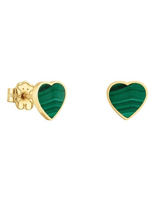 Aretes de corazón de oro amarillo 14 K con acabado brillante malaquita