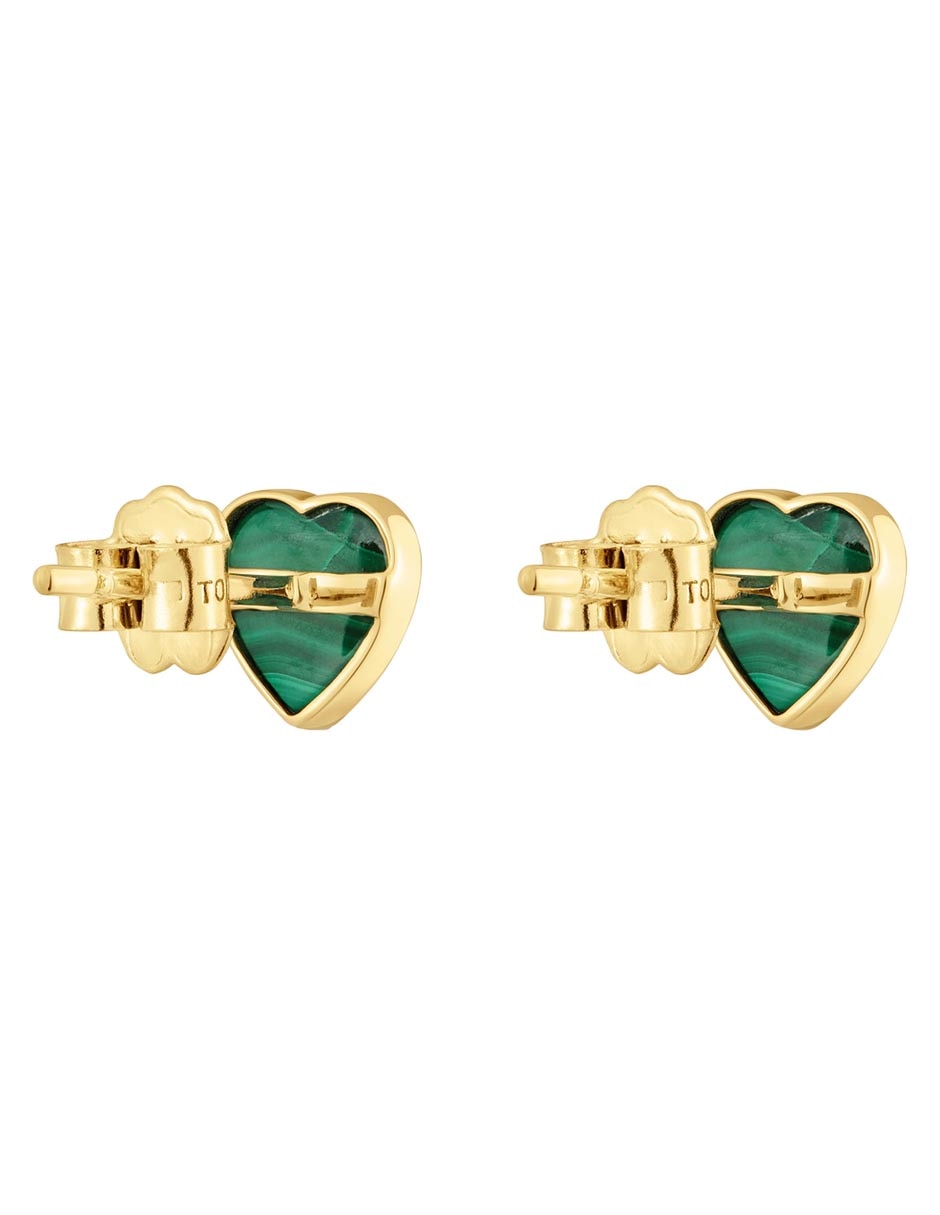 Aretes de corazón de oro amarillo 14 K con acabado brillante malaquita 3