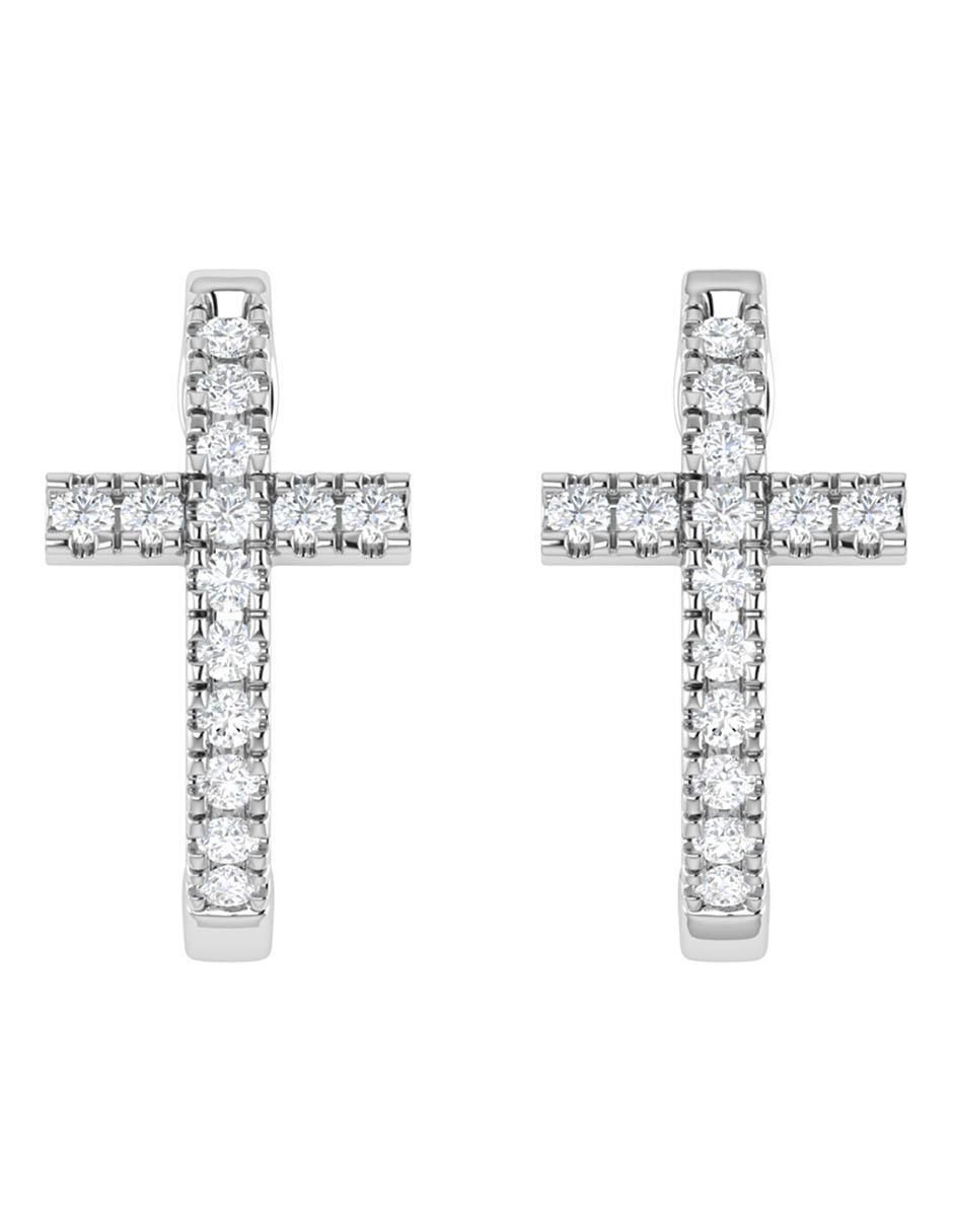 Arracadas de cruz de oro blanco 14 K con acabado brillante diamante