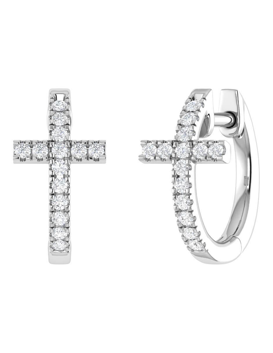 Arracadas de cruz de oro blanco 14 K con acabado brillante diamante 2