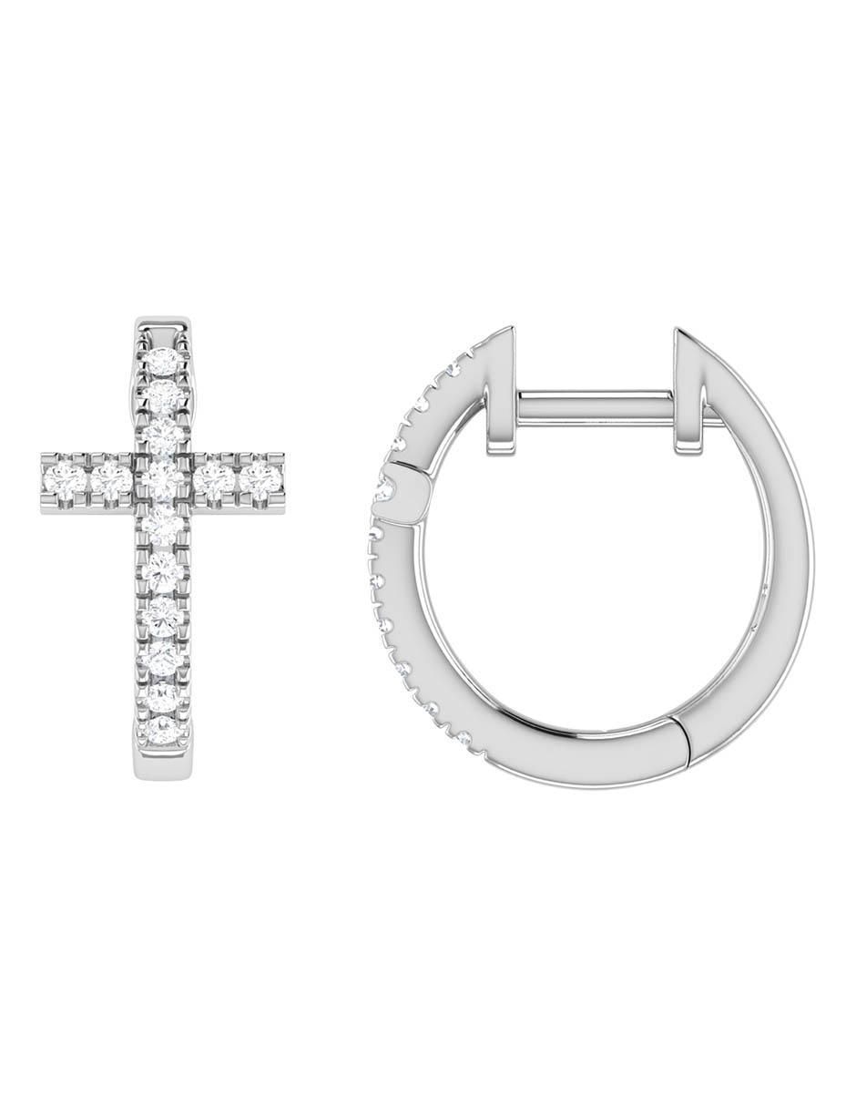 Arracadas de cruz de oro blanco 14 K con acabado brillante diamante 3