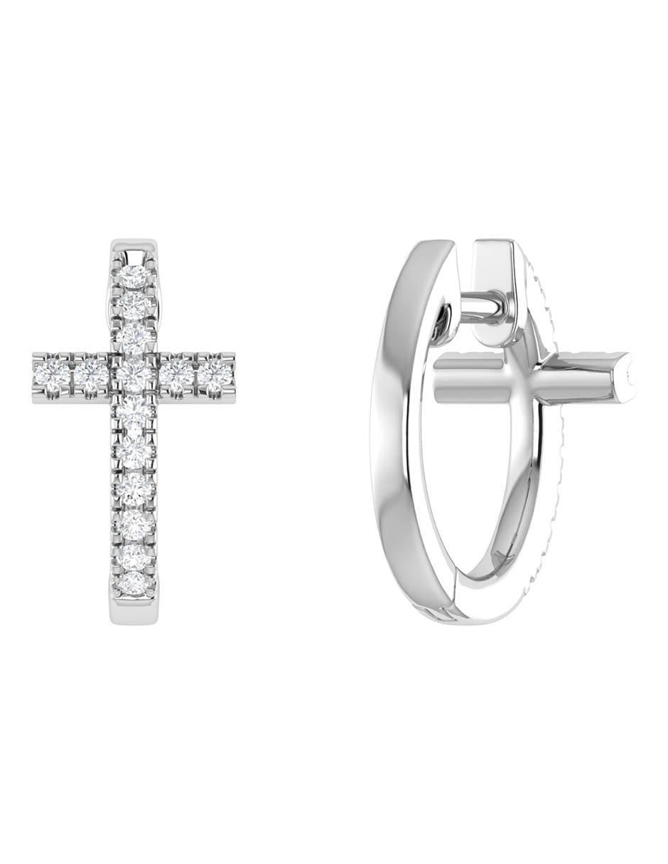 Arracadas de cruz de oro blanco 14 K con acabado brillante diamante 4