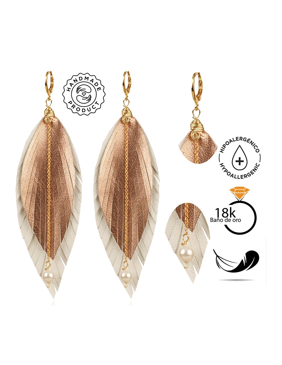 Aretes de pluma con acabado baño de oro 18 K perla 4