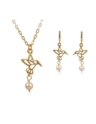 Aretes y collar de colibrí 18 k perla Aretes y collar de colibrí 18 k perla