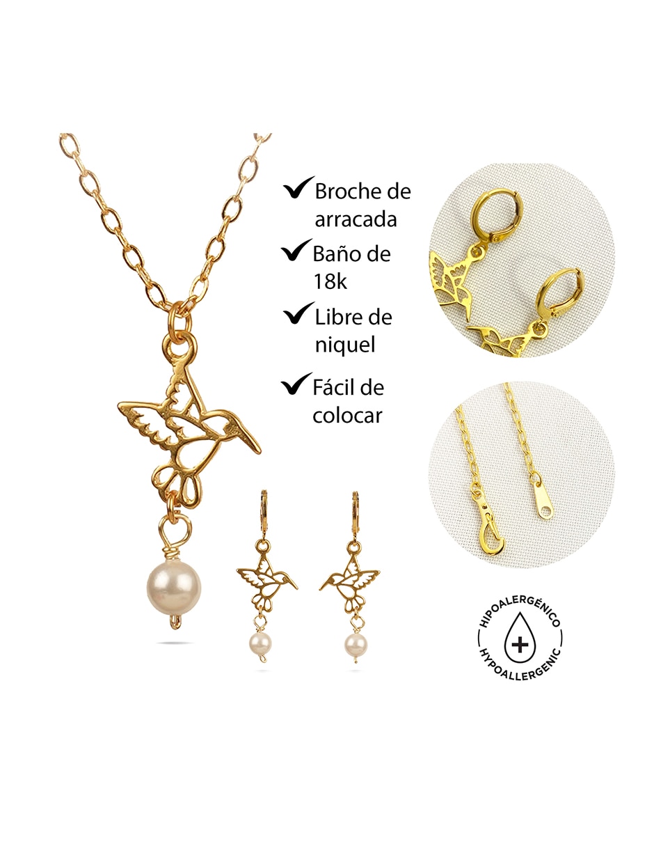 Aretes y collar de colibrí 18 k perla 3