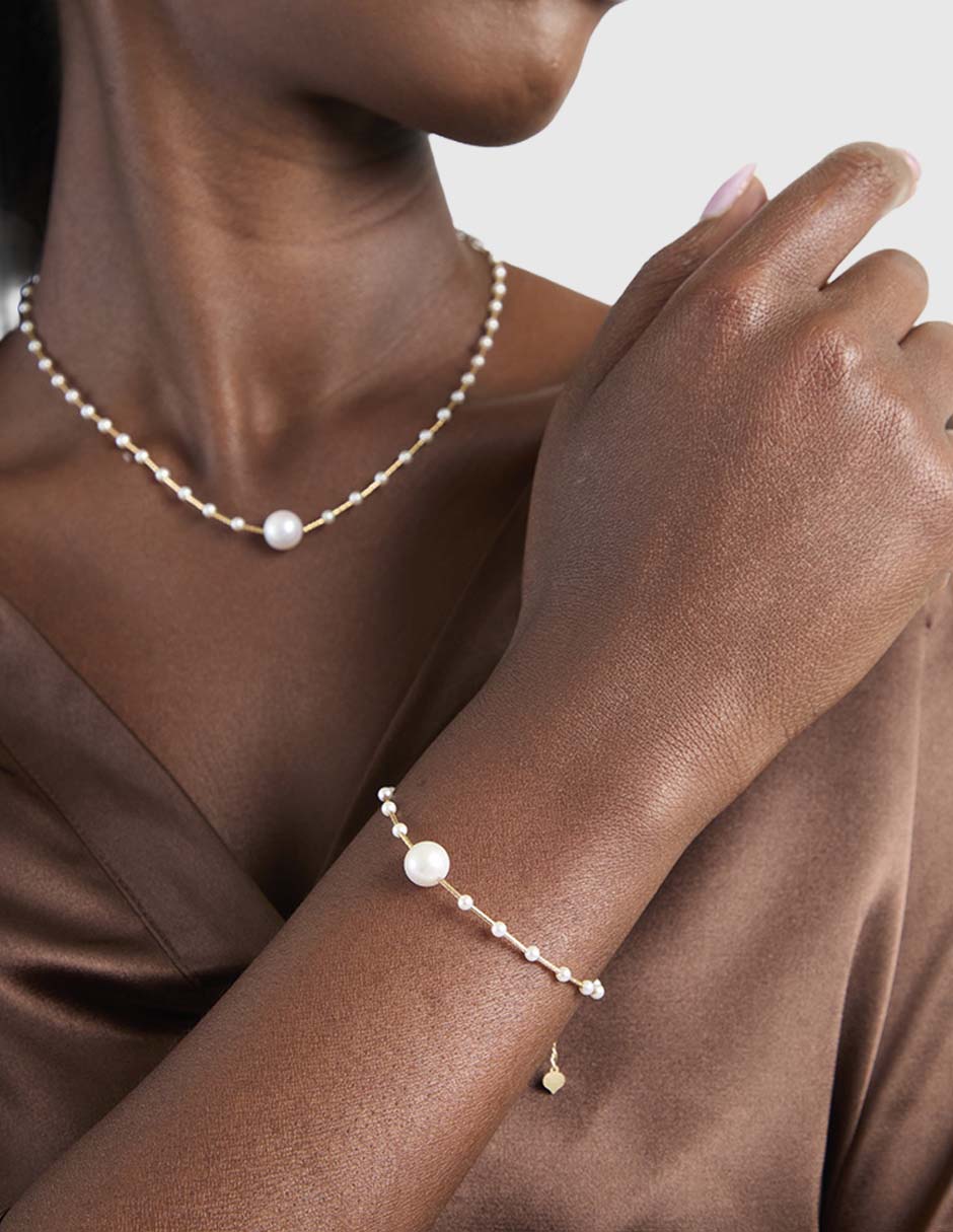 Pulsera de oro con perla de agua 14 K acabado brillante 3