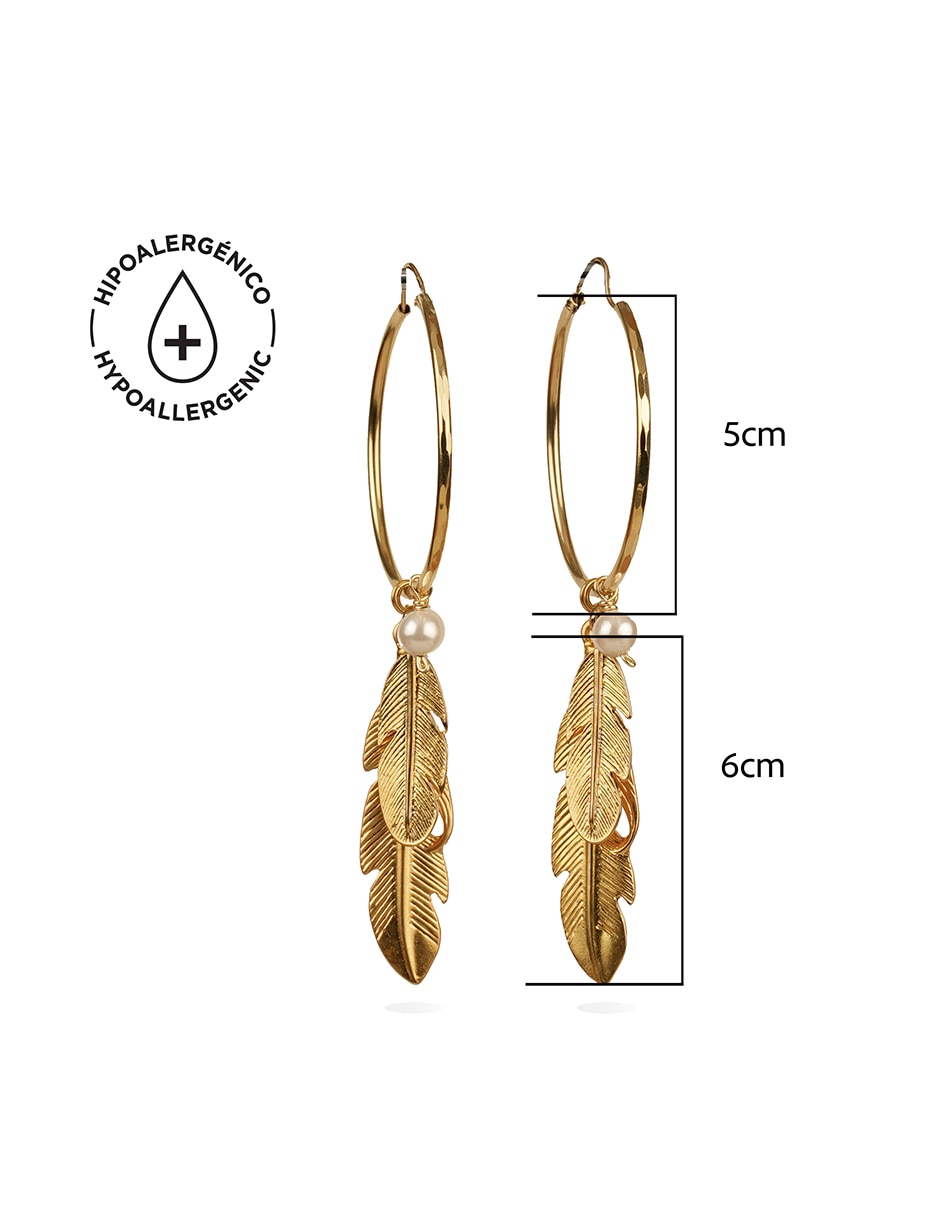 Aretes de aro con acabado baño de oro 18 K perla 9