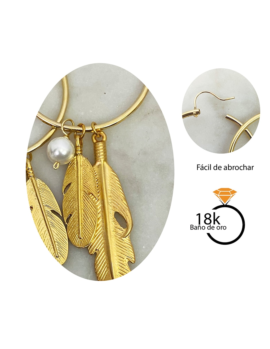 Aretes de aro con acabado baño de oro 18 K perla 3