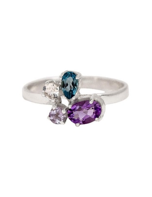 Anillo redondo Destellos De La Tierra P 925 de plata amatista y cuarzo brillante
