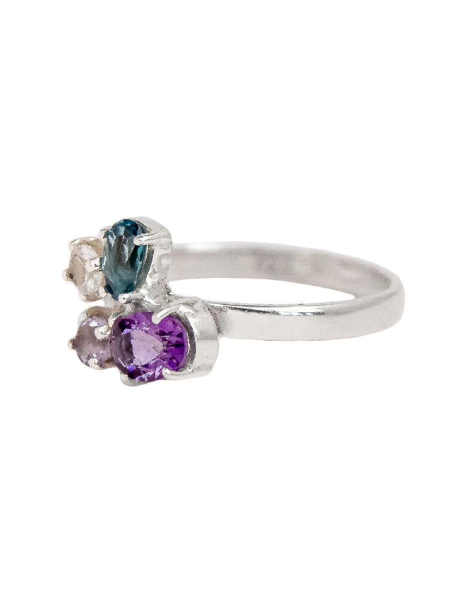 Anillo redondo Destellos De La Tierra P 925 de plata amatista y cuarzo brillante